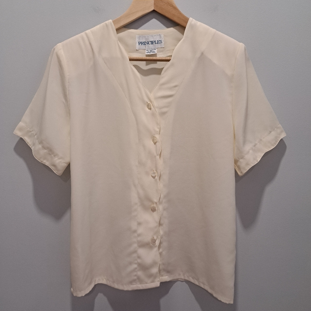 Vintage Cream Scalloped Button-Up Short Sleeve Cottagecore Blouse Womens 8